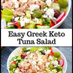 White bowls with Greek tuna salad with text overlay.