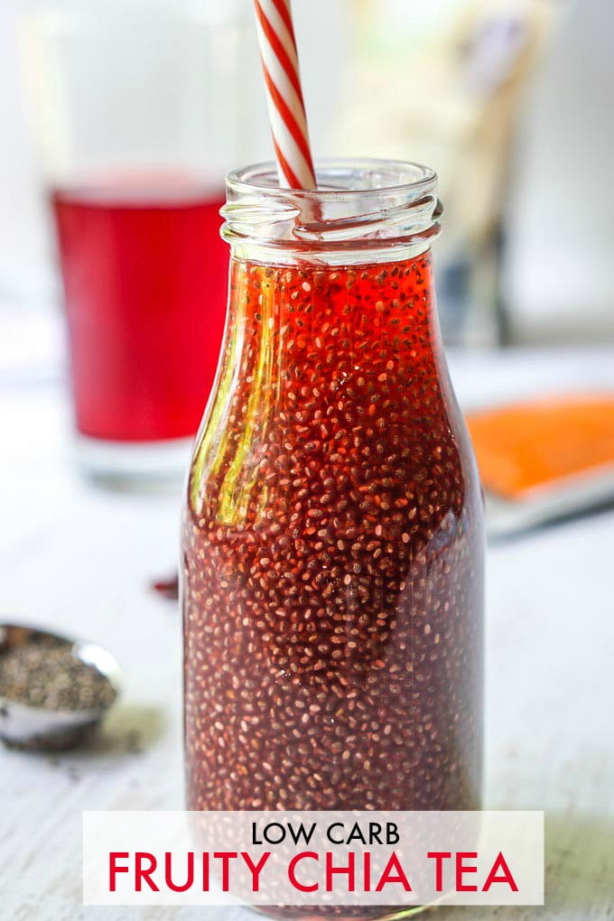 Tall photo of a bottle of red chia seed drink with a straw and text overlay.