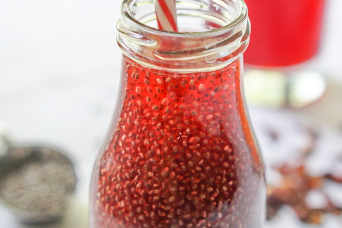 Closeup of red chia seed drink.