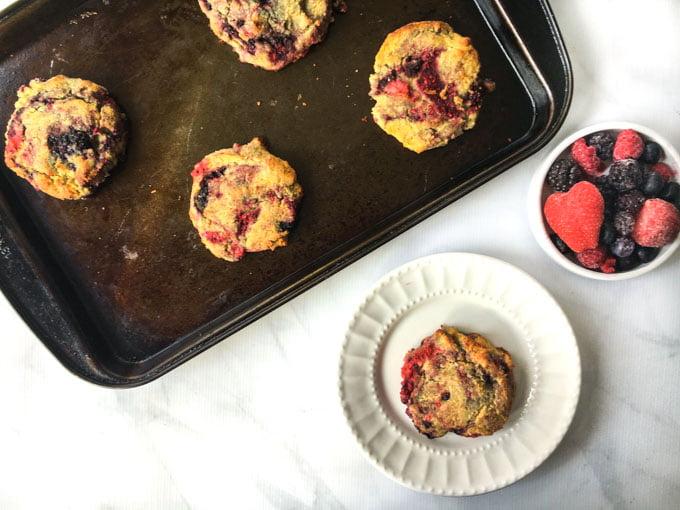 These low carb berry scones not only low carb, they are gluten free and so delicious! Using almond flour and frozen berries it takes only minutes.