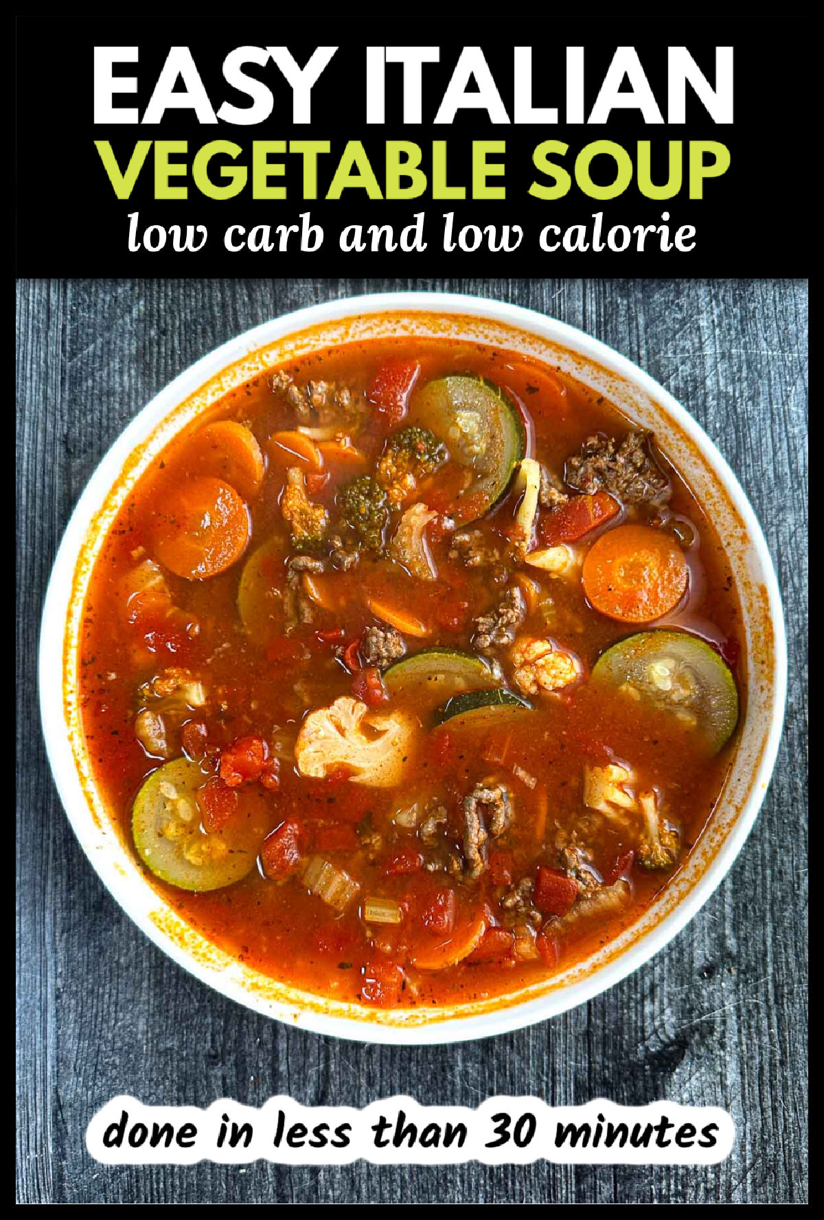 A white bowl of low carb Italian vegetable soup and text overlay.