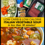 Ingredients and white bowl of low carb Italian vegetable soup and text overlay.