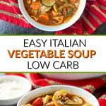 white bowl with easy low carb Italian vegetable spot with red tea towel and text