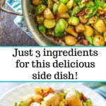 pan and plate of bacon, Brussels sprouts & potatoes side dish with text