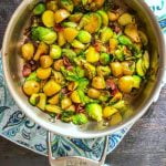 pan and plate of bacon, Brussels sprouts & potatoes side dish with text