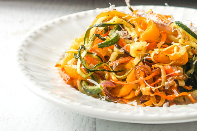 Extreme closeup of roasted veggie noodles.