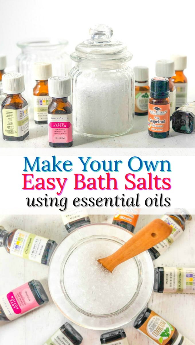 essential oil bottles and a jar of bath salts with text overlay