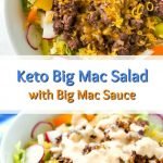 white bowls with keto Big Mac salad and text overlay