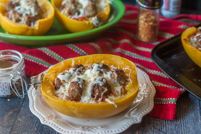 This spaghetti squash meatball casserole is an easy weeknight dinner you can make quickly with only 4 ingredients. And it's a great gluten free alternative to pasta!