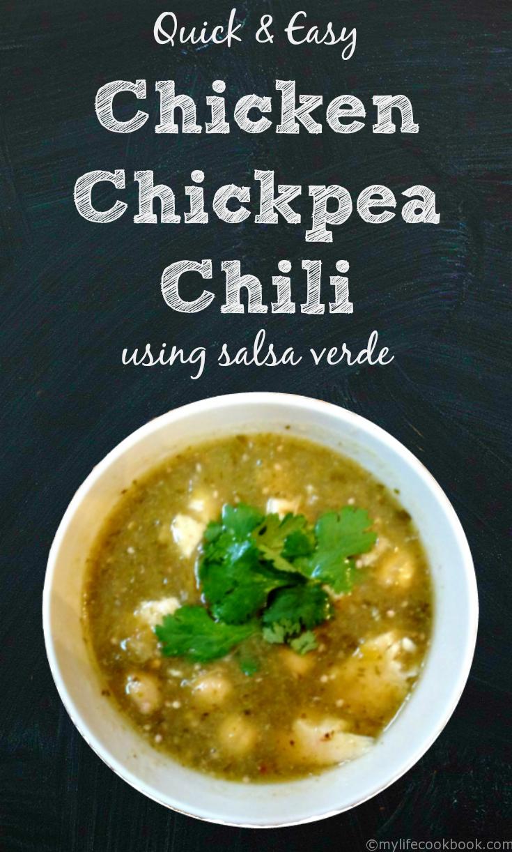 This Chicken Chickpea Chili is a super easy and tasty dish that only takes minutes to make. The combination of homemade salsa verde, chicken and chickpeas make for a hearty, delicious meal.