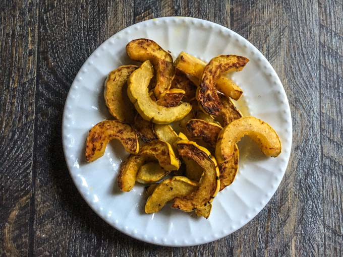 These delicata fries are a delicious change of pace. They are a good lower carb substitute for potatoes.