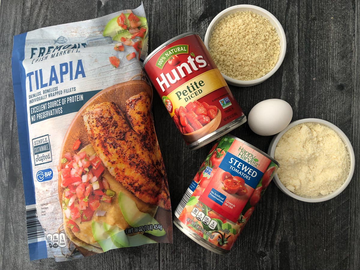 recipe ingredients - frozen tilapia, diced tomato, stewed tomatoes, bread crumbs, egg and parmesan cheese