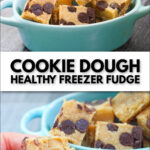long photo of blue bowl with sugar free cookie dough pieces and text