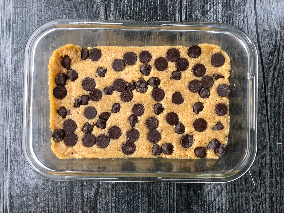 glass dish with the cookie dough fudge
