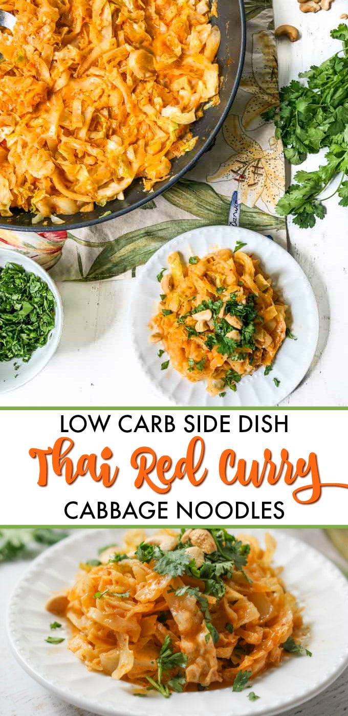 plates and pan of red curry cabbage noodles and text overlay