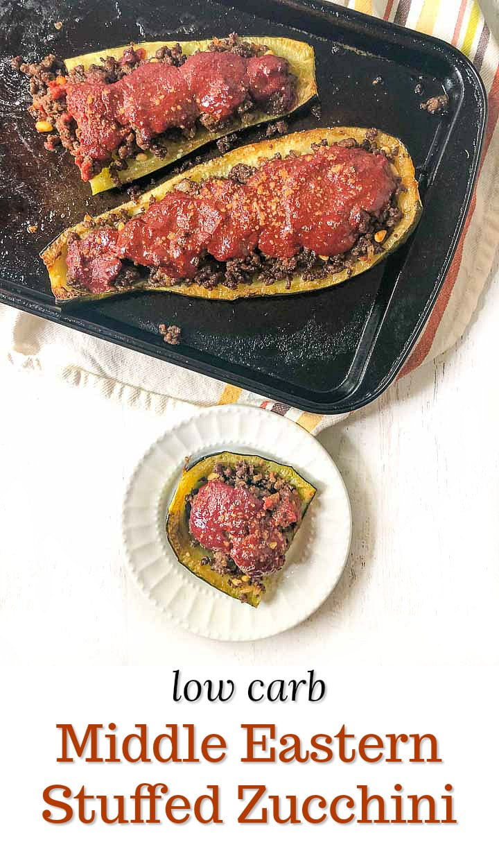 cookie sheet and white plate with low carb Middle Eastern Stuffed zucchini with text overlay
