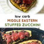 cookie sheet and white plate with low carb Middle Eastern Stuffed zucchini with text overlay