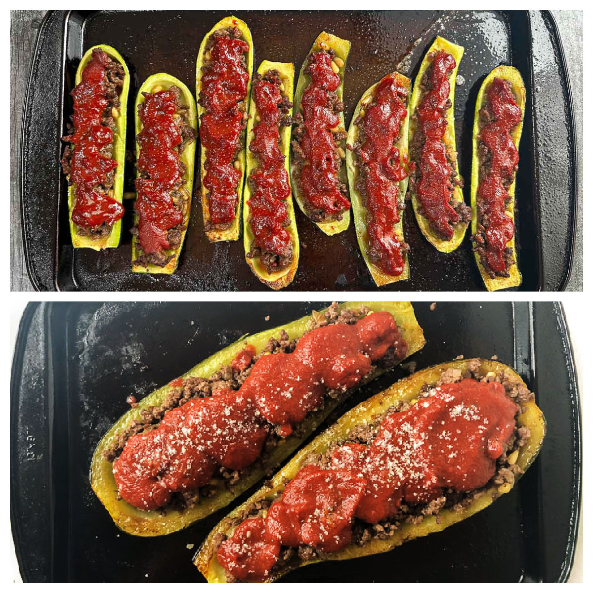 Collage of pics showing the difference of making this recipe with large vs small squashes.