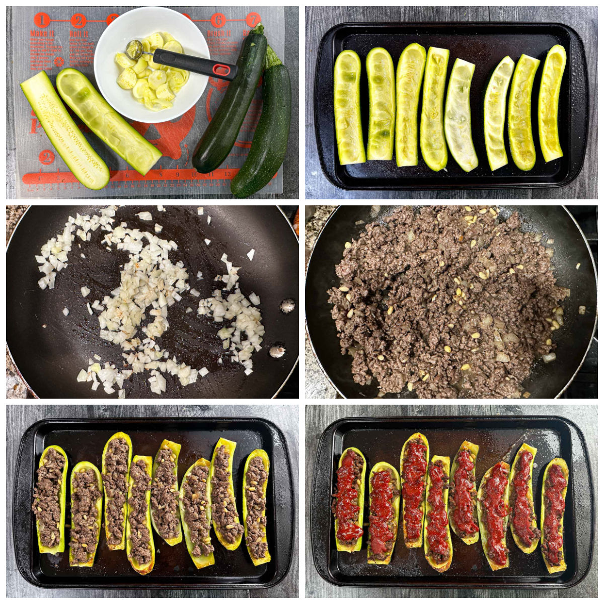 Collage of how to make ground beef stuffed zucchini.