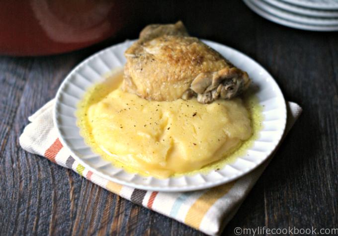 Chicken with polenta and bagna is an old family recipe that is perfect on cold winter days. Butter, sage and chicken broth make a tasty bagna to go with the creamy polenta and cheese.