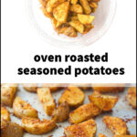 baking sheet with spicy roasted potatoes and text