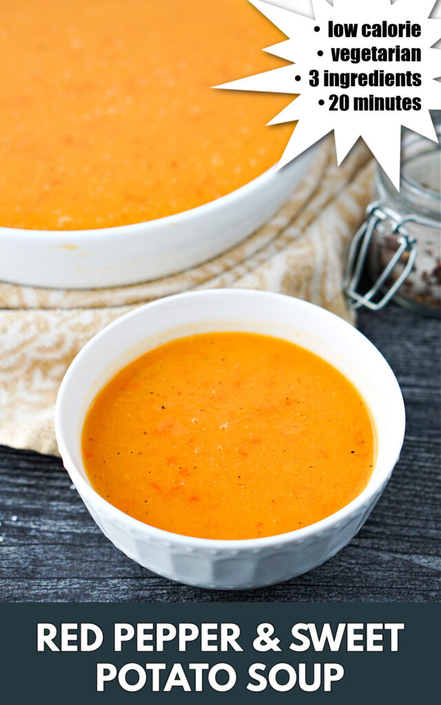 big and small bowls with red pepper and sweet potato soup and text