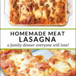 pan and white plate with classic homemade meat lasagna and text