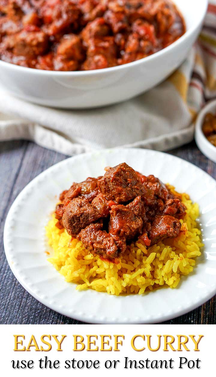 white bowl and plate with beef curry with text