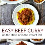 white bowl and plate with beef curry with text