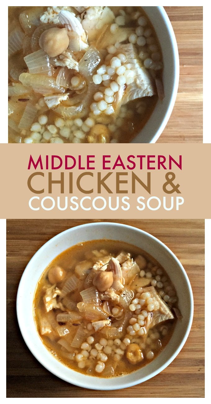 This Middle Eastern chicken & couscous soup is full of flavor using spices, couscous, chicken and caramelized onions. A hearty meal in a  bowl.