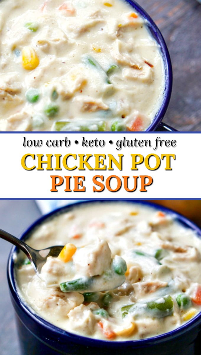 2 blue bowls with low carb chicken pot pie and text