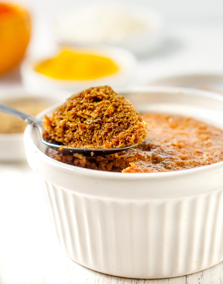 closeup of a spoonful of the healthy pumpkin microwave muffin