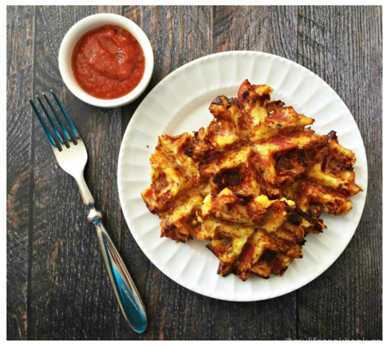 These delicious savory pizza waffles are not only grain free, they are also low carb. All you need are eggs, cheese, cauliflower, pepperoni and spices.