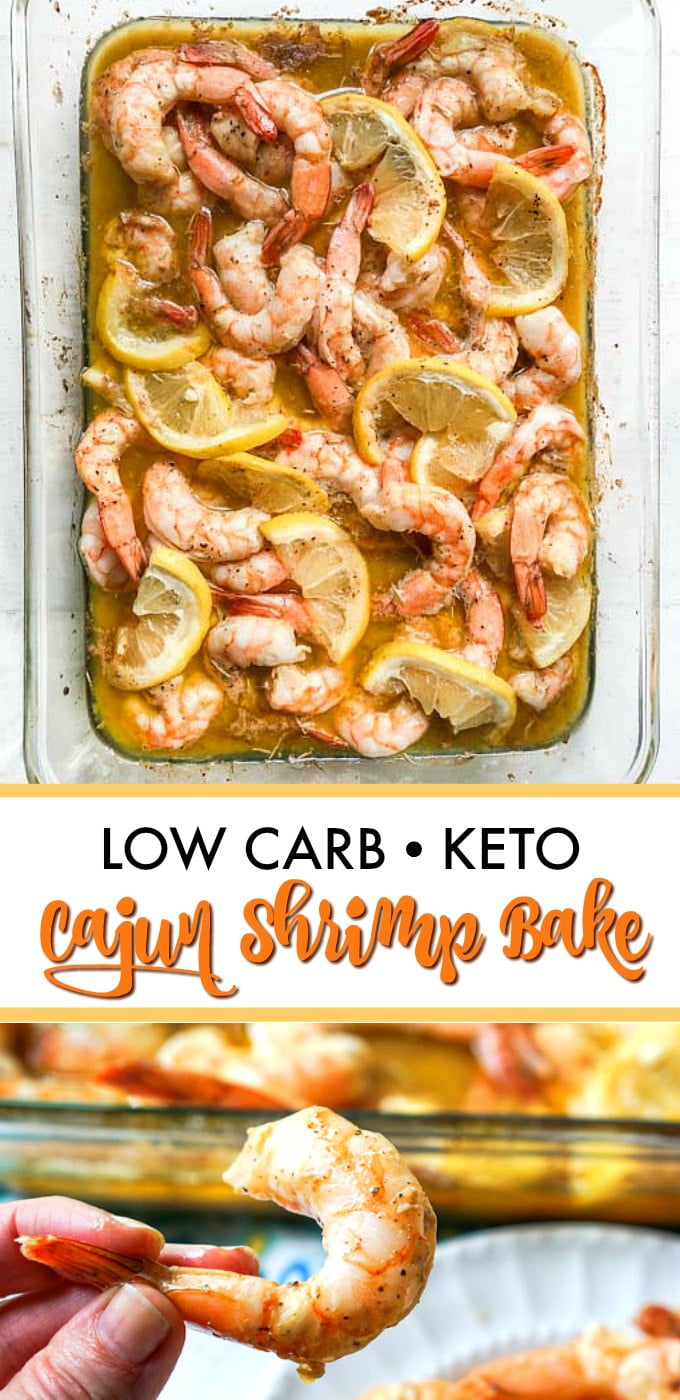 baking dish with keto cajun shrimp and text overlay
