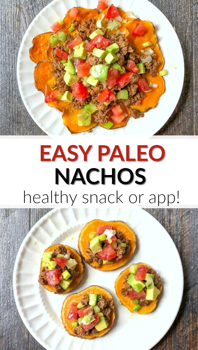 white plates with sweet potato paleo nachos 2 ways with text