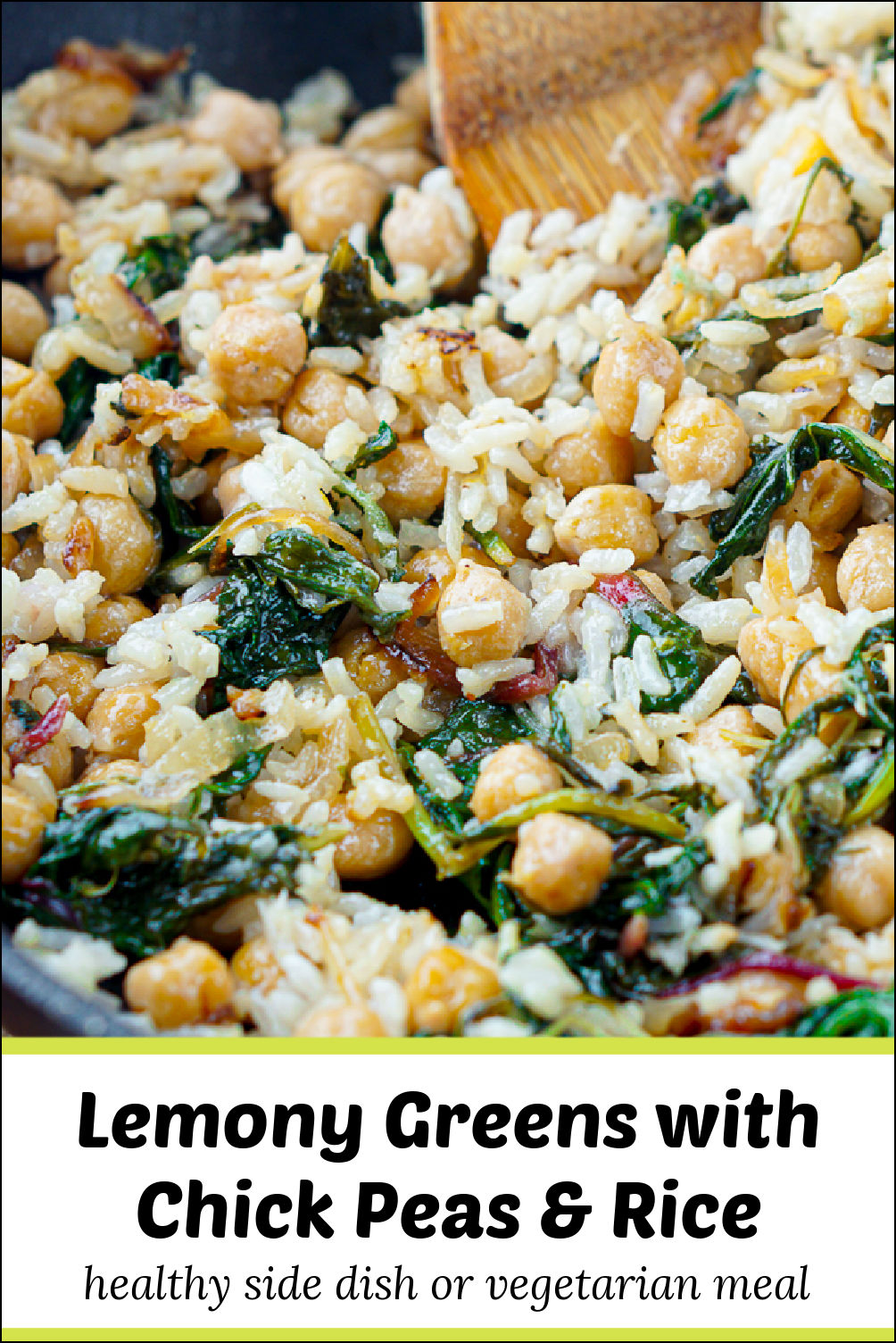 pan with lemony greens, chickpeas and rice and text
