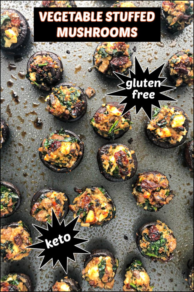 baking tray with vegetable stuffed mushrooms and text