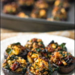baking tray and white plate with vegetable stuffed mushrooms and text