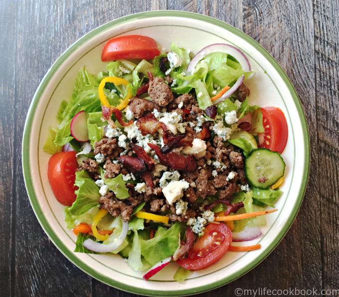 Low carb bacon blue cheese burger salad for when you're craving a burger but not the carbs. Even if you aren't counting carbs, this burger salad is yum!