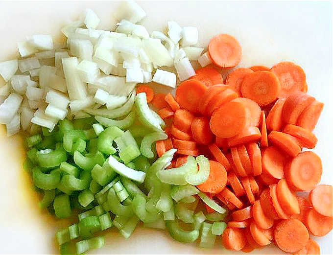 chopped carrots, onions and celery for soup