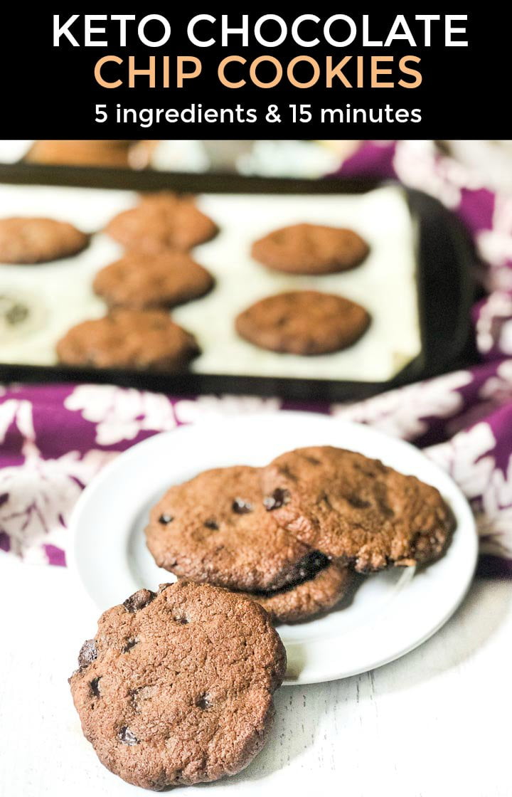 cookie sheet with keto chocolate chip cookies on purple towel with text overlay