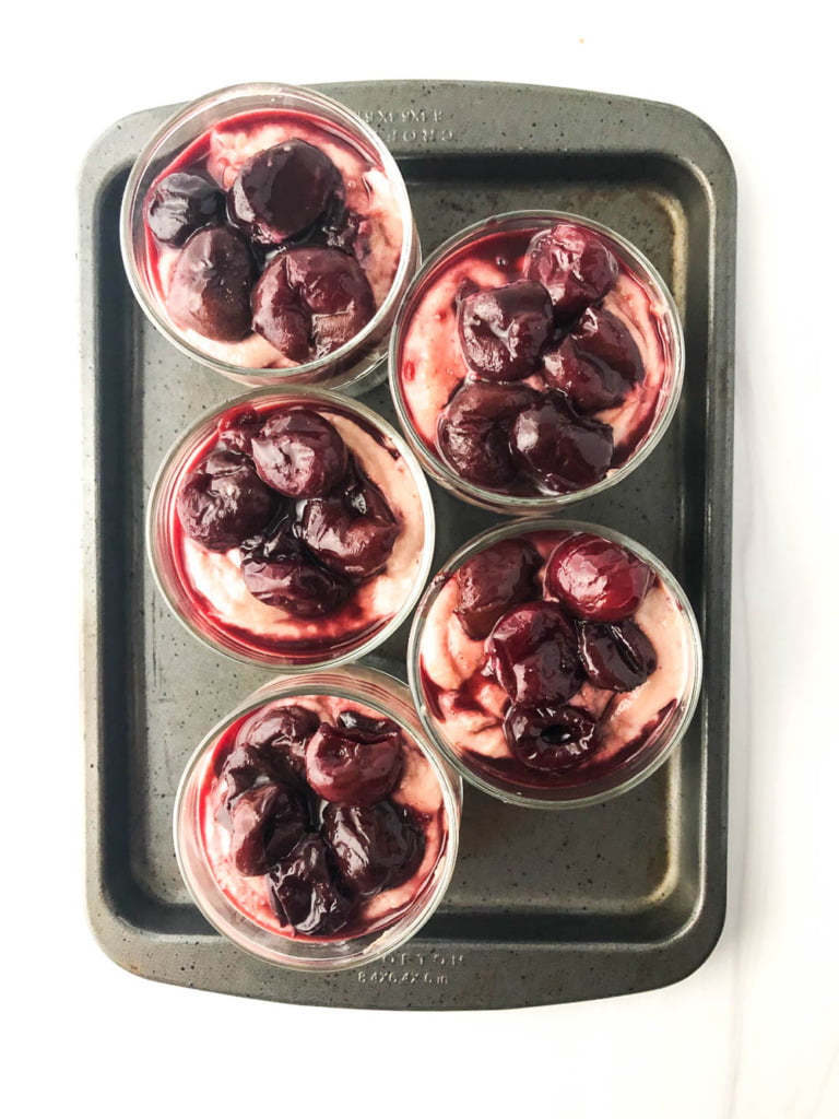 cookie sheet with 6 healthy, no bake cheesecake desserts