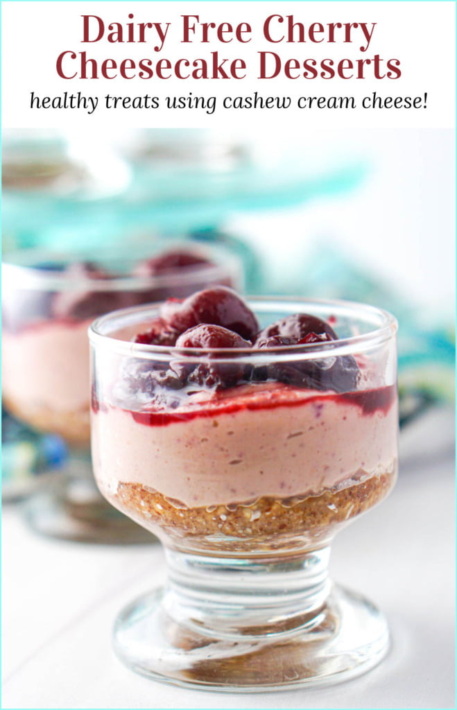 glass cup with cherry dairy free cheesecake treats and text