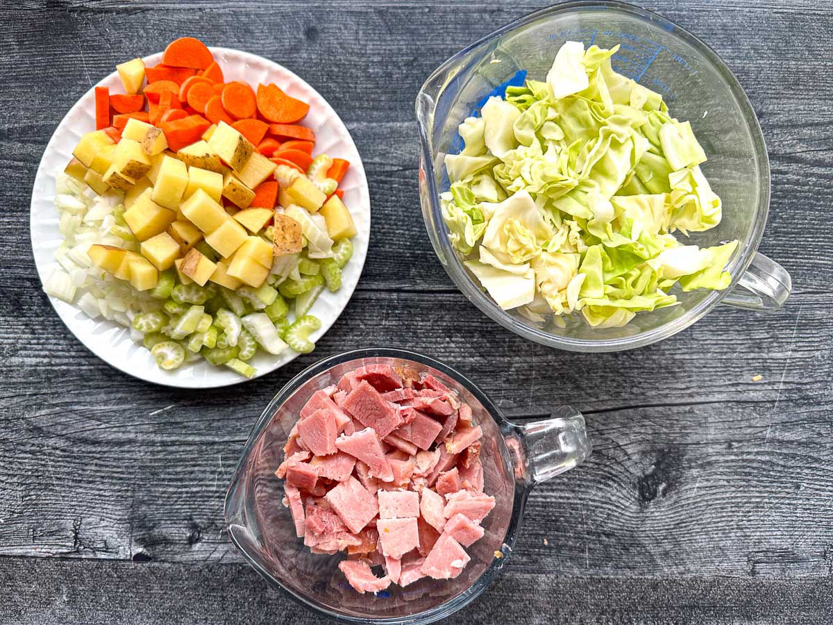 recipe ingredients - carrots, potatoes, celery, ham and cabbage