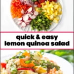 glass bowl and white plate with lemon quinoa salad and text