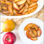 white baking dish and plate with baked pears and apples with text