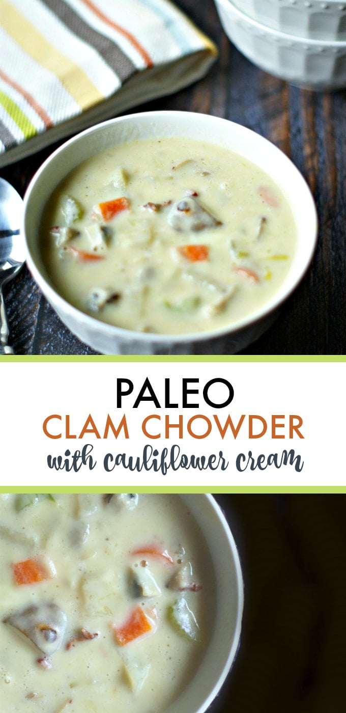 This is a Paleo Clam chowder using a cauliflower cream sauce instead of flour to thicken it and also sunchokes instead of potatoes.