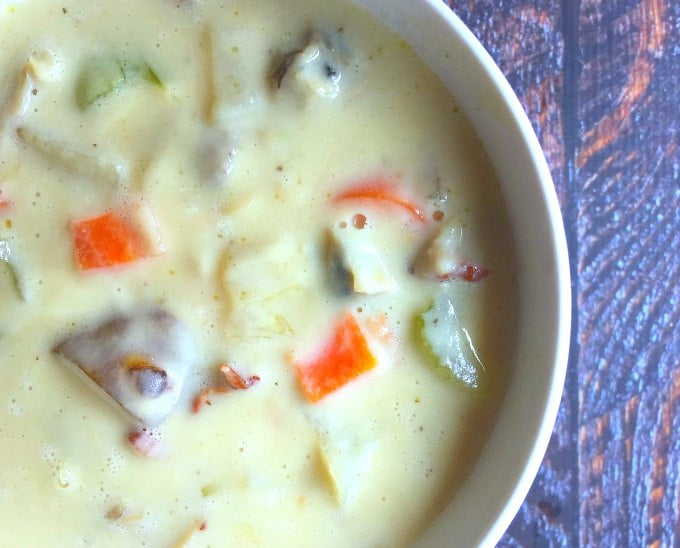 This is a Paleo Clam chowder using a cauliflower cream sauce instead of flour to thicken it and also sunchokes instead of potatoes.