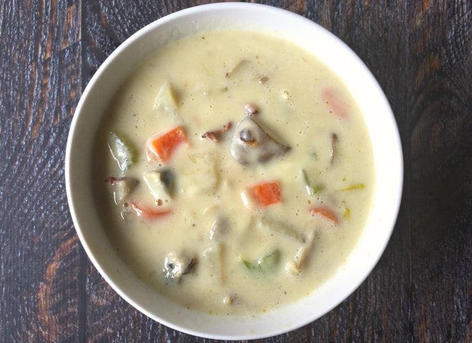 This is a Paleo Clam chowder using a cauliflower cream sauce instead of flour to thicken it and also sunchokes instead of potatoes.