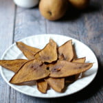 These pear chips are simple to make and very sweet with no added sugar. Just pears. Great healthy snack.